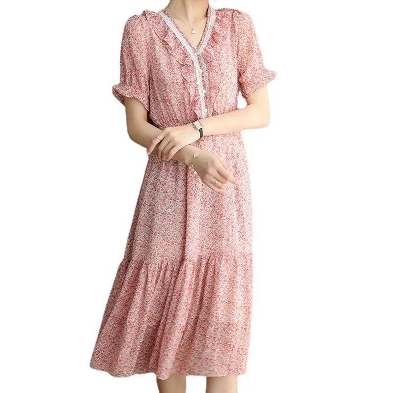 

Garden Chiffon Dress 2021 Summer Short Sleeve Coat Long Skirt Girl