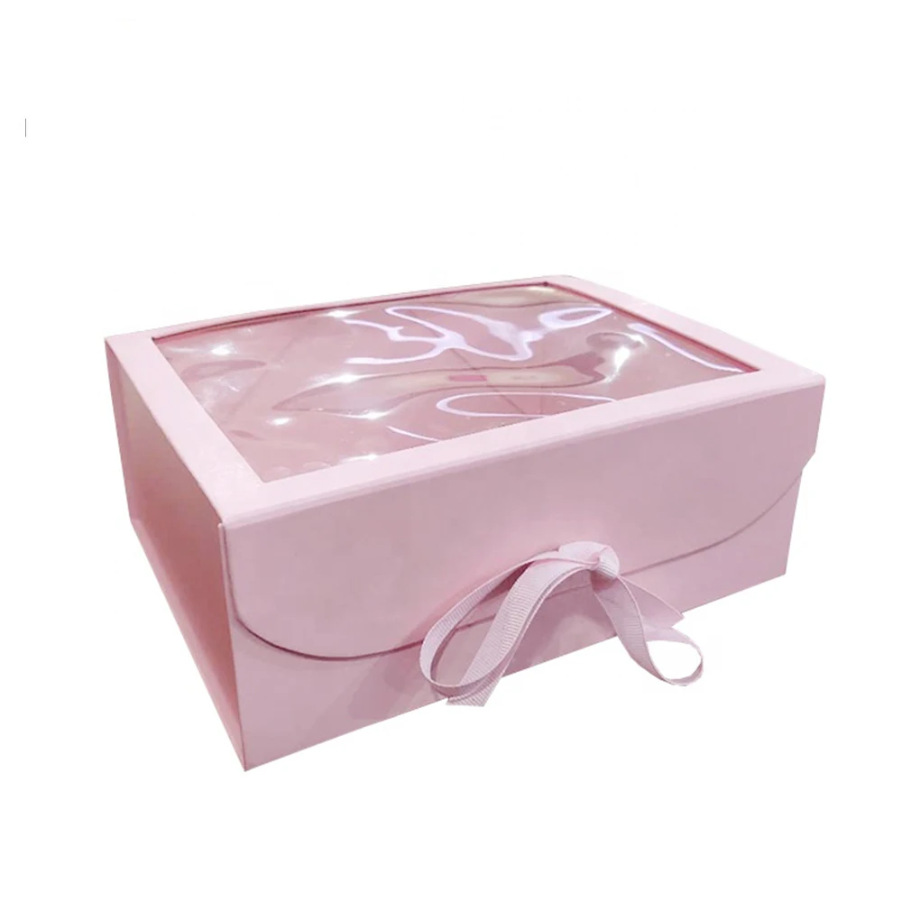 

Wholesale Eco-friendly 500pcs Custom Logo Printed High Quality Pink Folding Gift Box Cardboard Packaging Box With Pvc Window