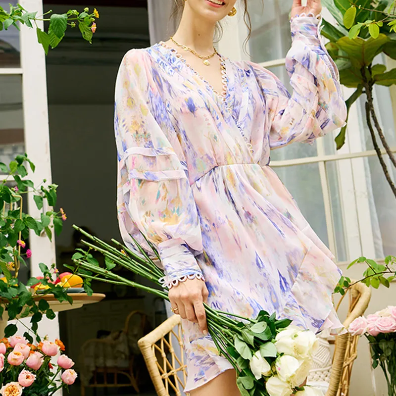 

Women Irregular High Waist Mini Dress 2021 New Summer Ong Sleeve Blooming Floral Print Ruffles Short Dresses Robe Fashion