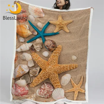 BlessLiving Beach Seashell Plush Blanket 3D Print Blankets For Beds Realistic Bedding Sand Starfish Throw Blanket Koce Dropship 1