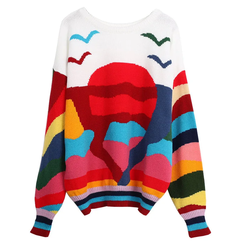 Женский трикотажный пуловер в радужную полоску с круглым вырезом | Женская