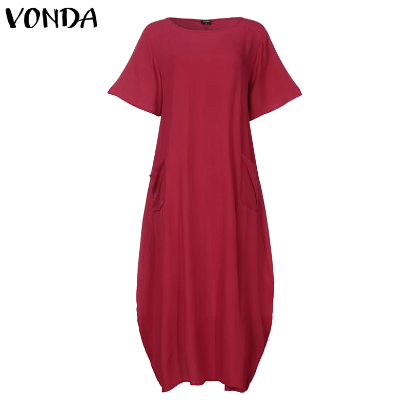VONDA 2021 Элегантное Длинное платье для женщин свободные короткий рукав Твердые
