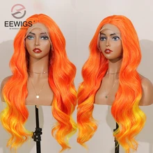 EEWIGS Высокая температура волокна волос 2" длинные волнистые оранжевый желтый синтетический парик фронта шнурка средняя часть Ombre парики для черных женщин