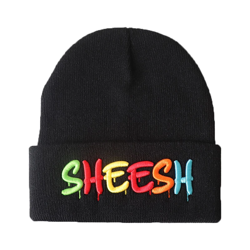 black skully hat Sheesh 100% Cotton Letter Warm Winter Ski Beanie Hip Hop Knitted Hat Skullies Beanie Unisex Fashion Outdoor Casual Hats black skullies