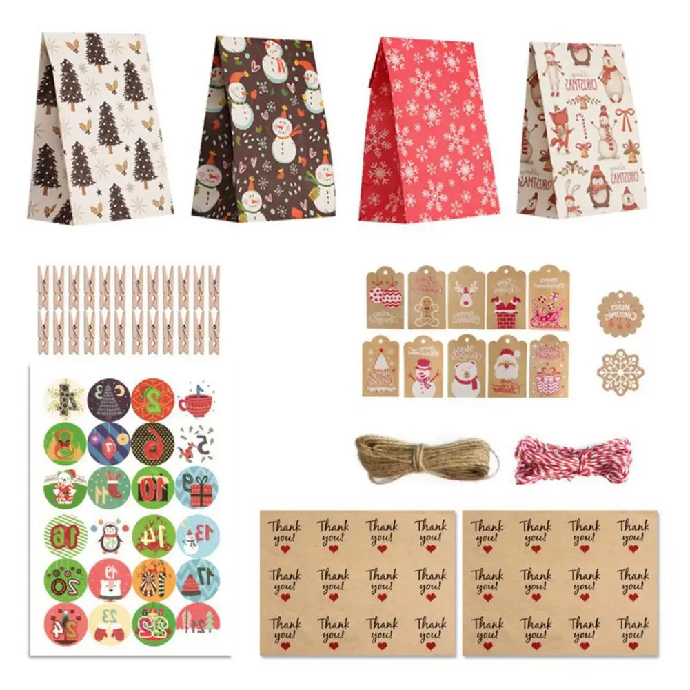 

Изысканный Рождественский Подарочный упаковочный пакет, Рождественский календарь с зажимами, веревочные наклейки, бирка, крафт-бумага, кон...