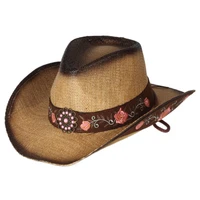high quality classic vintage unisex outdoor wide brim western cowboy straw hat and windproof rope