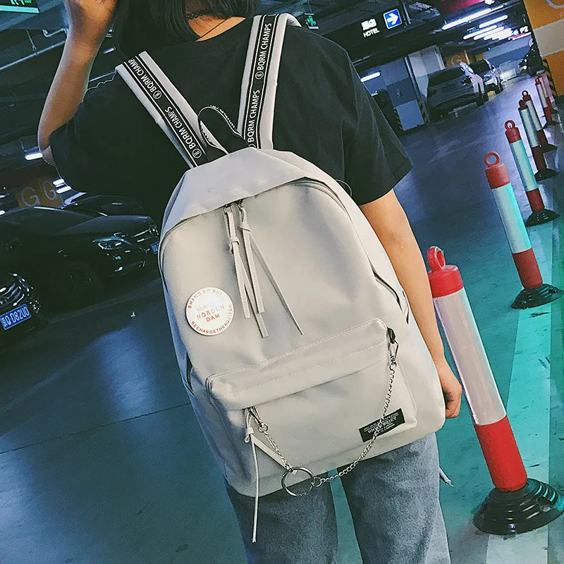 

Черный, белый рюкзак с цепочкой для мужчин и женщин, Классный рюкзак, сумка, нейлоновая легкая дорожная сумка, школьный ранец для старшей шко...