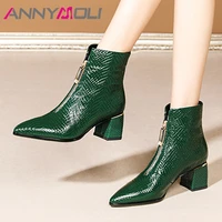annymoli real leather high heel short boots women fashion boots shoes pointed toe zip block heels ankle boots lady winter 33 41
