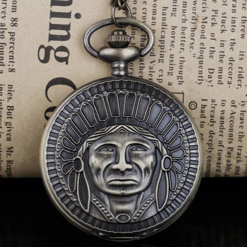 

Ancient Indians Bronze Portrait Quartz Pocket Watch Art Engraved Necklace Men Women Watch Accessories High Quality Clock