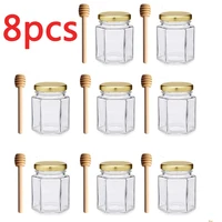hexagon mini glass canning jars with gold lid for wedding favors baby shower honey wooden honey dipper8 pcs