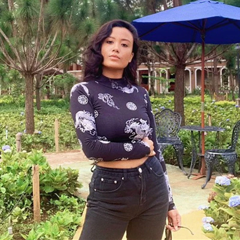 Футболка с принтом китайского дракона для фитнеса женская одежда готический