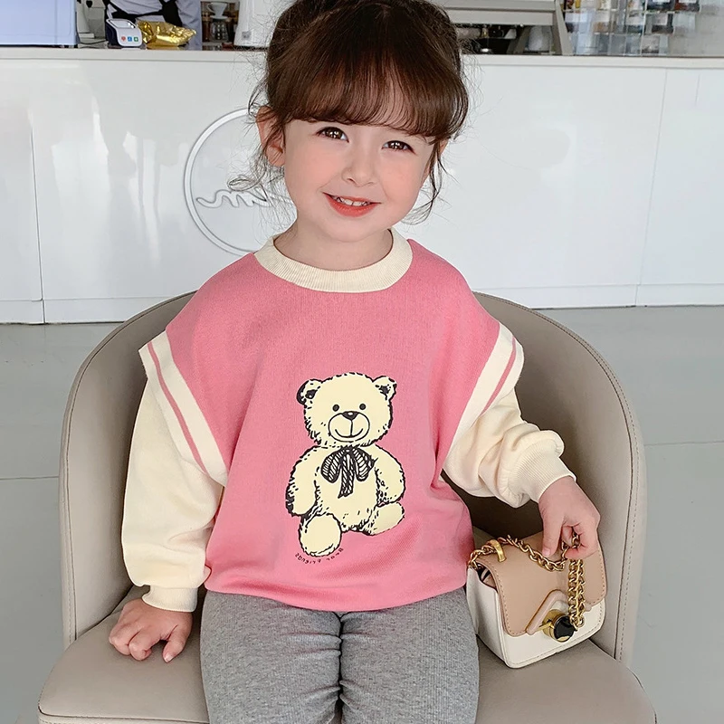 

Футболки из двух предметов с изображением милого медведя для девочек, весенне-осенний детский хлопковый топ с длинным рукавом и мультяшным ...