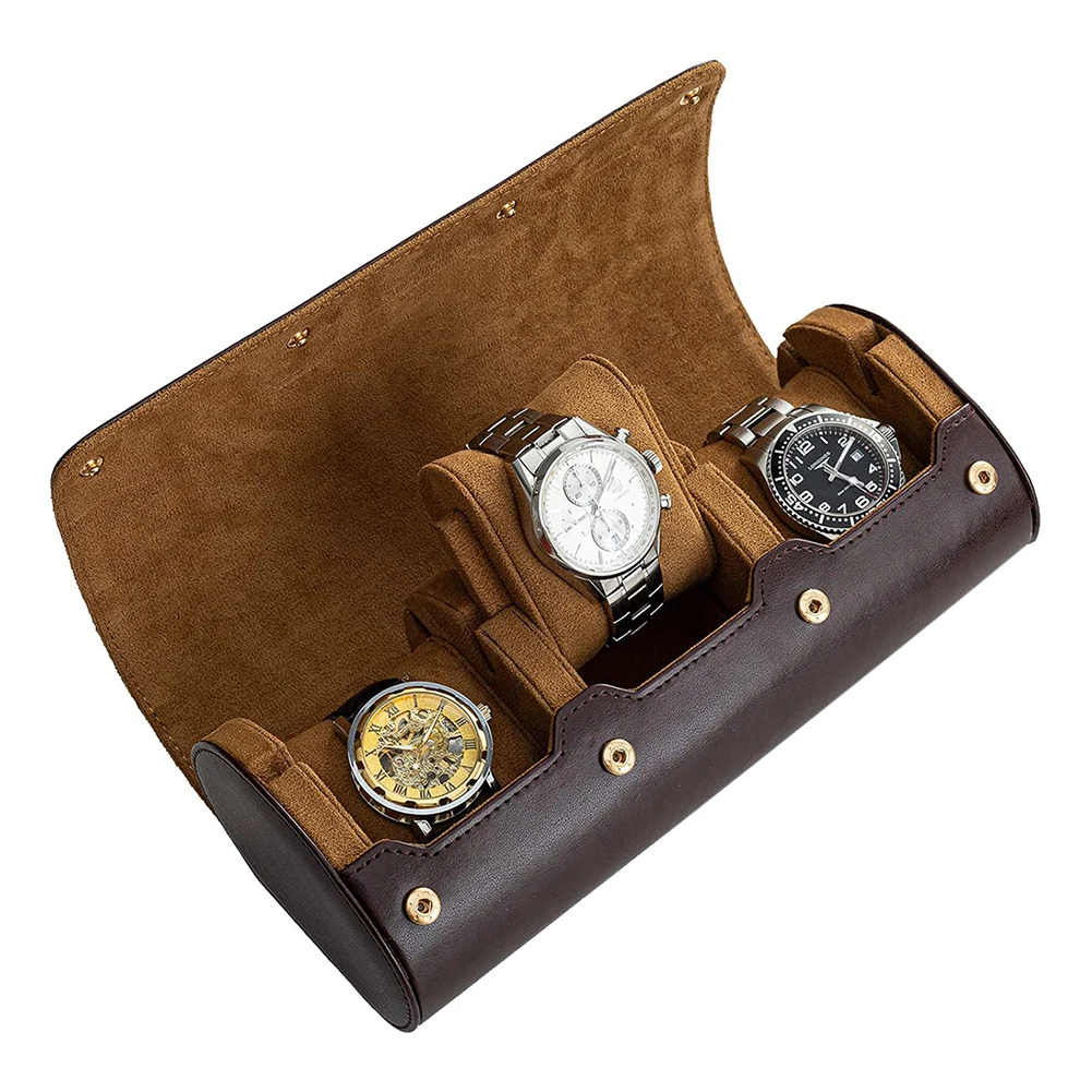 

3 Slots Watch Roll Travel Case Chic Portable Vintage Leather Display Watch Storage Box with Slid in Out Watch Organizers