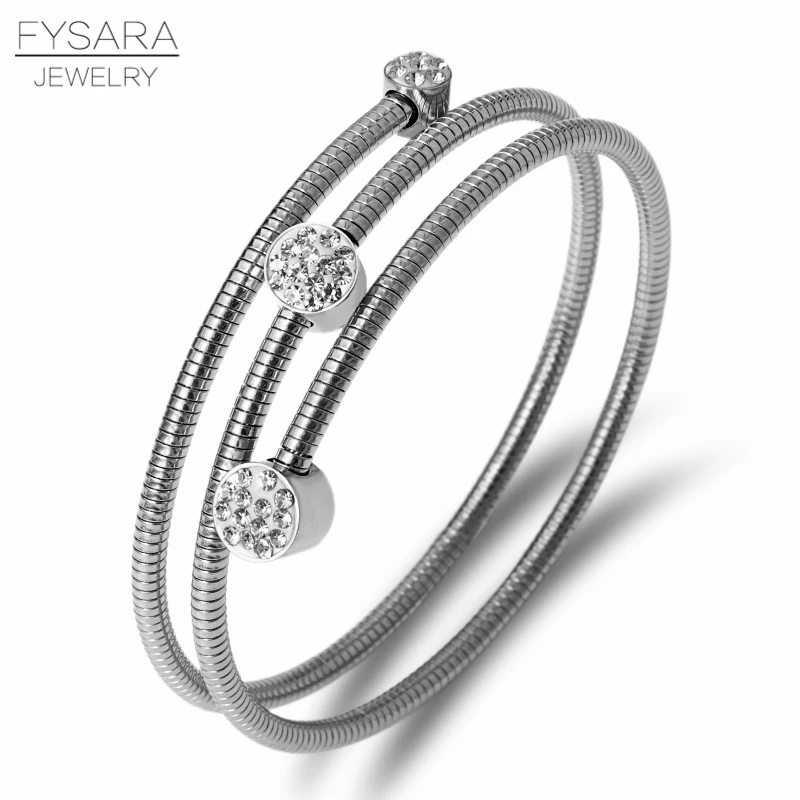 Silver Color round FYSARA, тройной провод, браслеты и браслеты для женщин, нержавеющая сталь, золото, черное сердце, круглый кристалл, амулет, ручной браслет - Окраска металла: Silver Color round