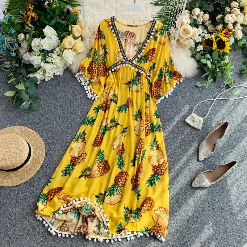 new fashion women's dresses Beach holiday beach feminine V-neck pineapple print decorative dress