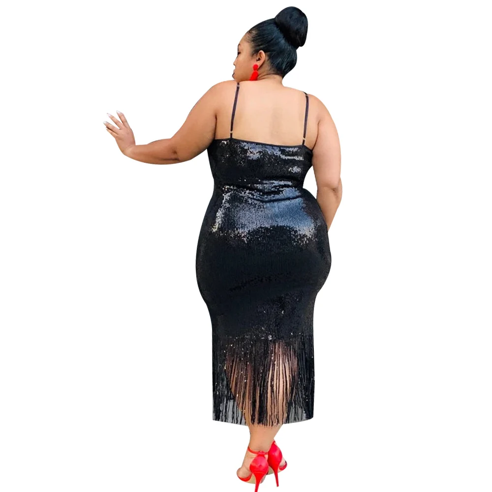 5XL, платье с кисточками, женское, плюс размер, сексуальное, черное, облегающее, на тонких бретелях, с пайетками, платье для вечеринки, шикарные платья для женщин, vestido
