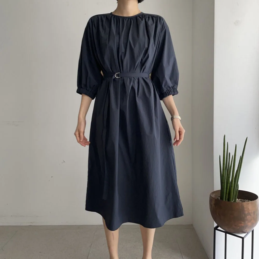 

Japanese Style Korean Fashion 2021 Summer Women's Dress Temperament Casual Elegant Color Contrast Splicing Round Neck