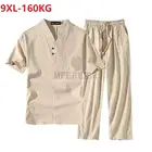 Футболка мужская с коротким рукавом и брюки в китайском стиле, винтажный льняной костюм Тан, домашняя одежда большого размера 70, размера плюс 9XL160 кг