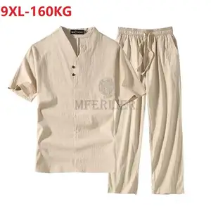 Футболка мужская с коротким рукавом и брюки в китайском стиле, винтажный льняной костюм Тан, домашняя одежда большого размера 70, размера плюс 9XL160 кг