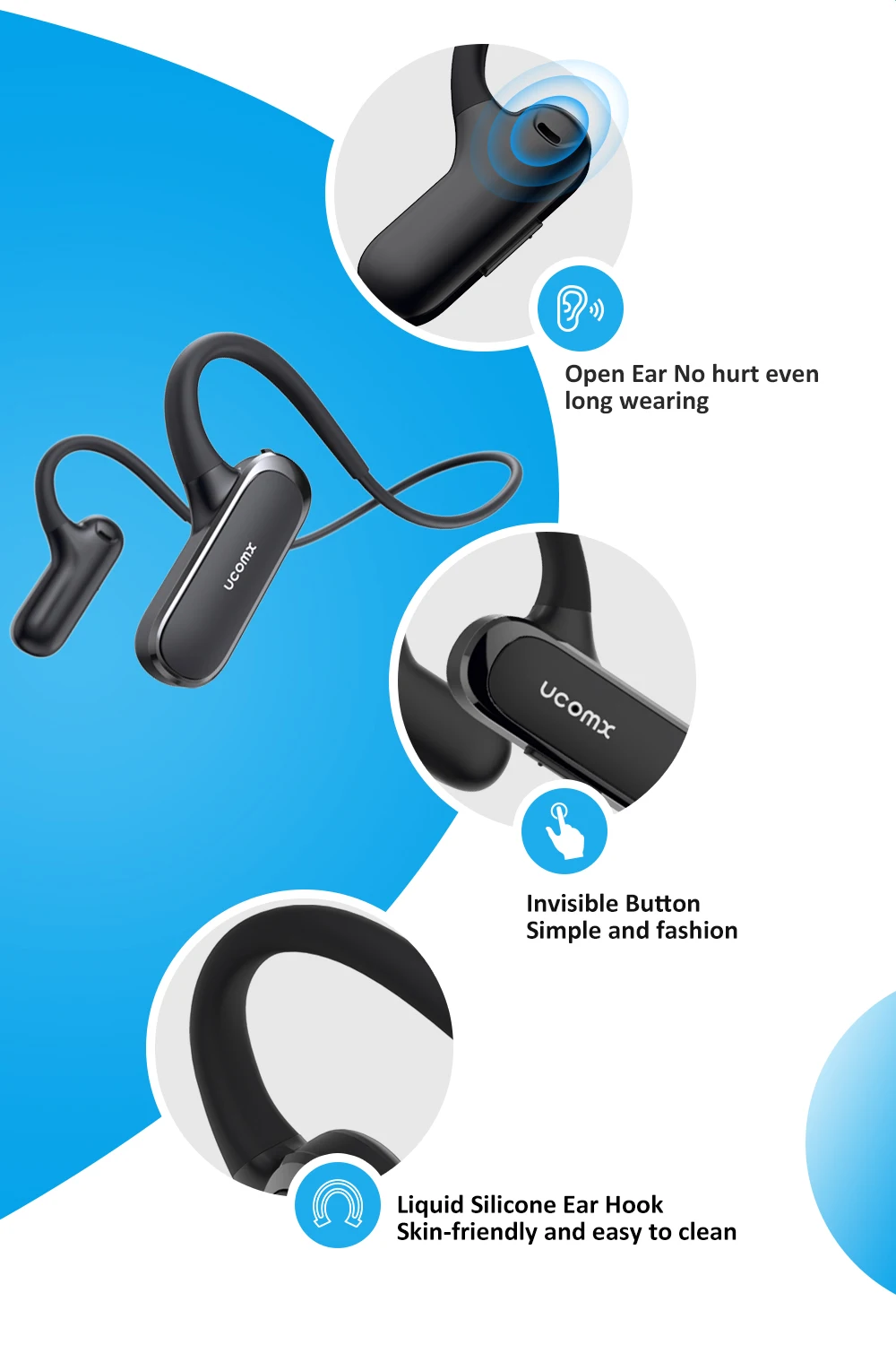UCOMX Airwings, Bluetooth наушники, открытые наушники 5,0, беспроводные наушники с микрофоном, Спортивная bluetooth-гарнитура для iPhone, samsung, Xiaomi