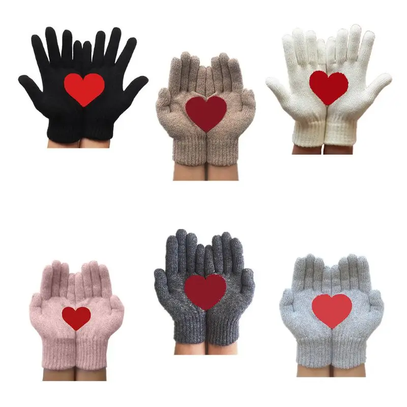 

Women Winter Thick Knit Gloves Sweet Half Red Heart Irregular Print Warm Mittens