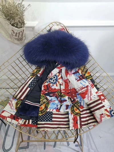 Dark Blue Fur Children Winter Jacket Graffiti Boys Girls Real Fur Coat Thick Warm Rabbit Fur Kids Jacket Coat Furry Natural Fur Collar TZ428 - Цвет: Dark Blue Fur