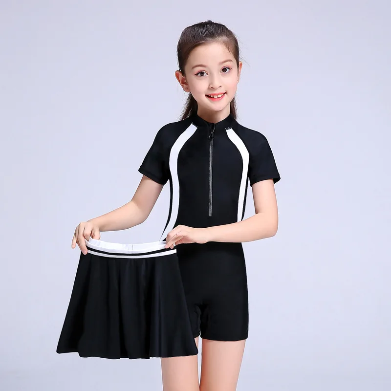 

2021 Child Swimwear Girls Swimwear Boxers One Piece Swimming Suit Skirt Diving Suit Children Bathing Suit Zipper Tight Swimsuit