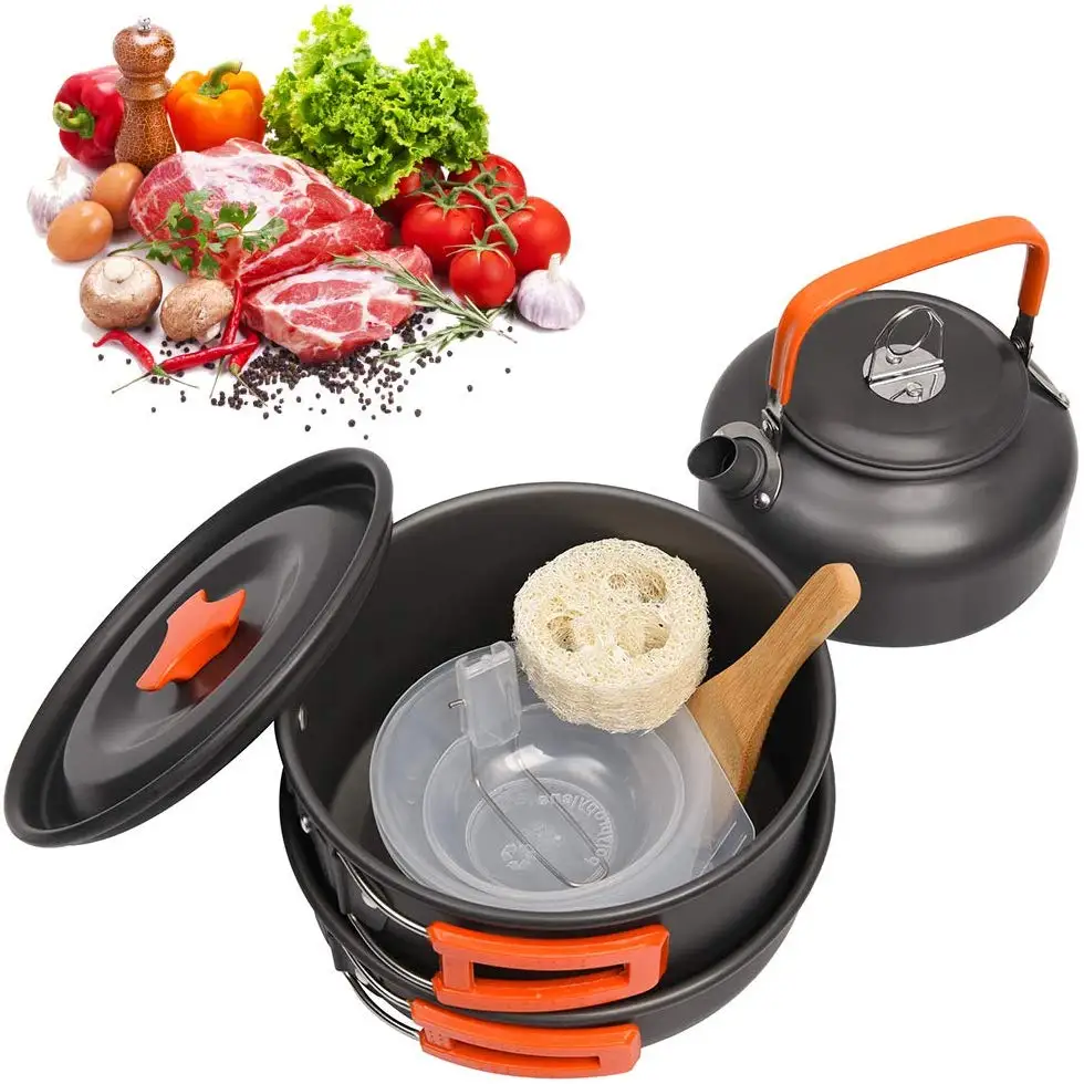 

Camping Cookware Kit Outdoor Aluminum Cooking Set Water Kettle Pan Pot Travelling Hiking Picnic BBQ Tableware Equipment