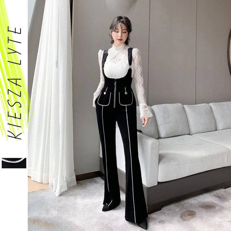 Женский элегантный черный бархатный комбинезон Длинные Комбинезоны сексуальные