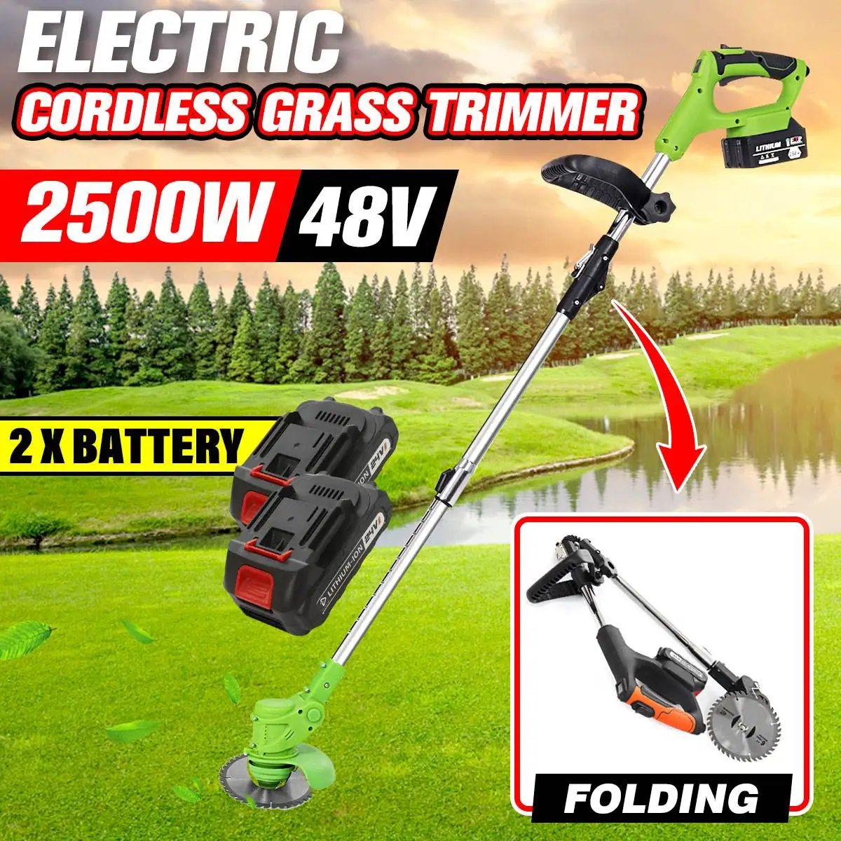 

Battery Indicator 2500W 48V Cordless Grass Trimmer Foldable Brush Cutter Electric Lawn Mower Mowing Machine Garden Pruning Tool