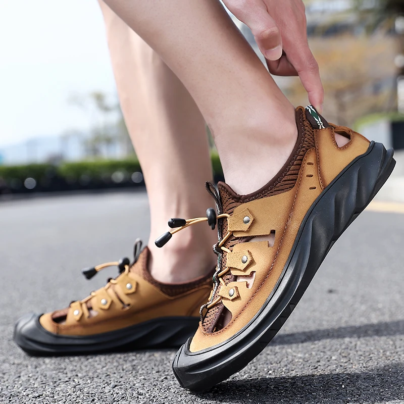 Сандалии мужские из натуральной кожи дышащие босоножки с перфорацией