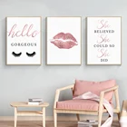 Холст картины Современный розового цвета макияж для ресниц Hello великолепный знак губы Плакаты и принты настенные картины девушка комнаты домашний декор