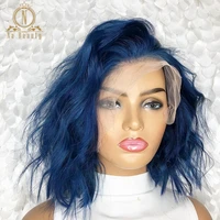 blue wig colored wave bob with baby hair short 13x1 lace wig for black women human hair preplucked t part lace wigs nabeauty