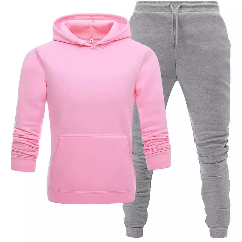 

2Pcs Sport Suit Fitness Solid Color Women's Tracksuits Hooded Pullover Sweatpants Sweatshirt Casual Pants Sets Sportswear Male
