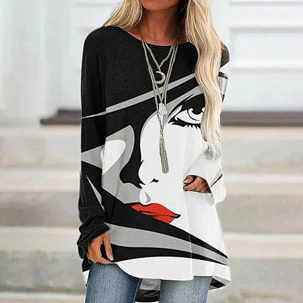 

Women Cotton Casual Long Sleeve T-shirt Abstract Face Print T-shirt Autumn Tops Fashion Elegant Tee shirt