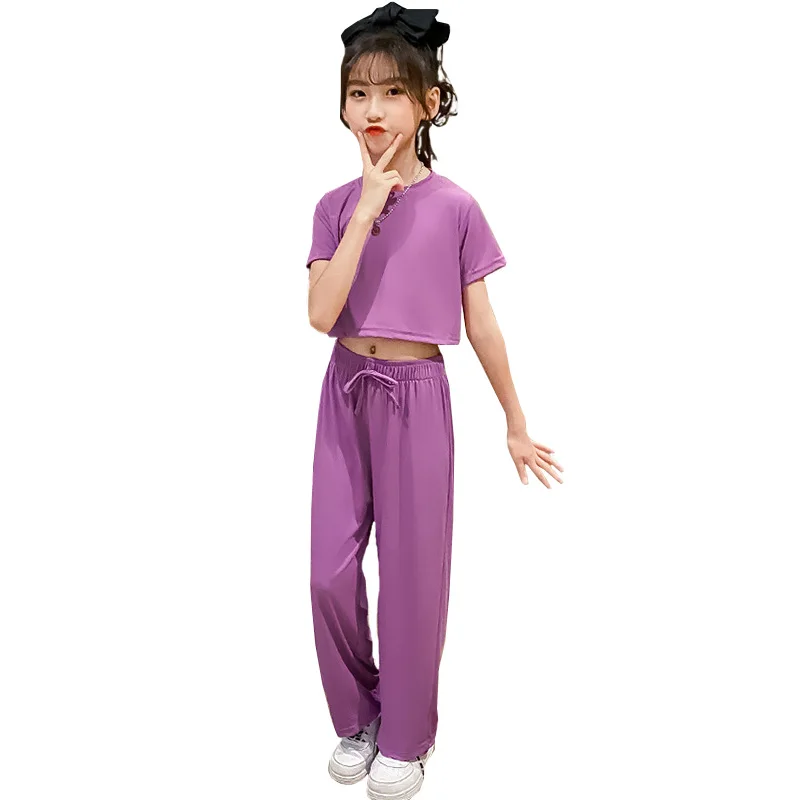 

4-12years old girl summer fashion two-piece solid color casual all-match short-sleeved T-shirt + pants Quality Children clothing