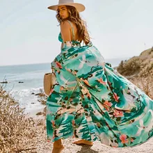 Fitshinling Print Floral Long Cardigan Swimwear Boho Flare Sleeve Sashes Summer Beach Cover Up Swimwear Holiday Big Size Output