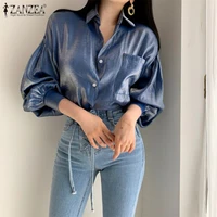 womens 2021 fashion bright blouse zanzea gradient color shirts female elegant lapel button blusa casual puff sleeve top oversize