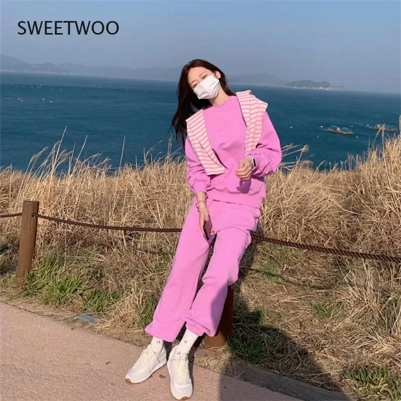 Casual Hoodies and Pants Two Piece for Women Long Sleeve O-Neck Loose Fashion Set Female Korean Chic Free Size