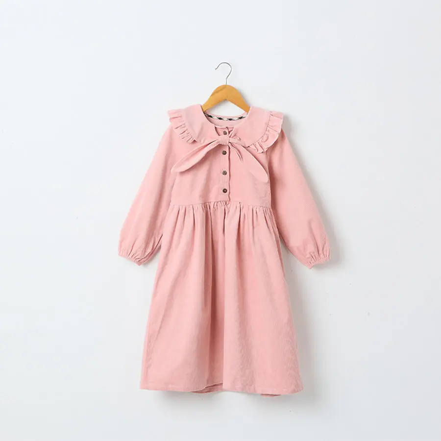 

2021 Spring Pink Corduroy Ruffle Peter Pan Collar Dress Girls 6-15 Years Beauty Front Button Long Sleeve Mid Calf Dresses Teens