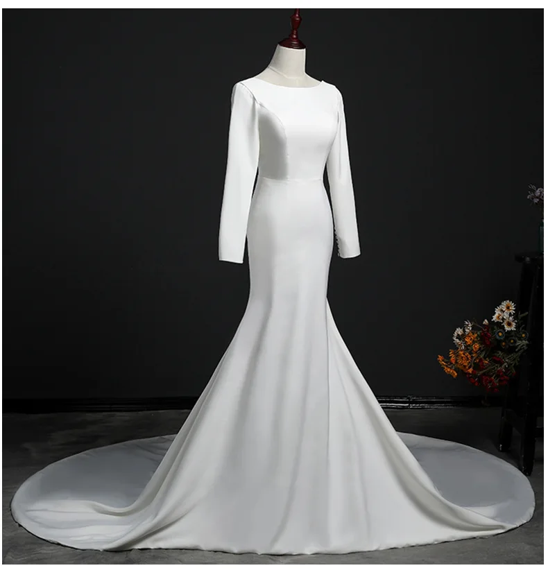 Праздничное платье простой Mermai свадебное из сатина с круглым вырезом и длинными