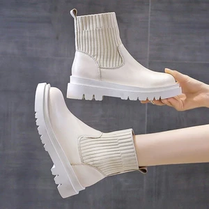 Ankle Boots Woman Slip-On Shoes Women Fashion Knitted Elastic Round Toe Short Boots Platform Square Heels Leather Boots Women