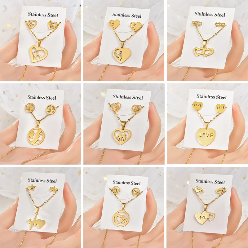 

Titanium Steel Jewelry Set Stainless Steel Gold Necklace Earrings Earrings Lock Geometric Key Flowers More Style Two-piece Set
