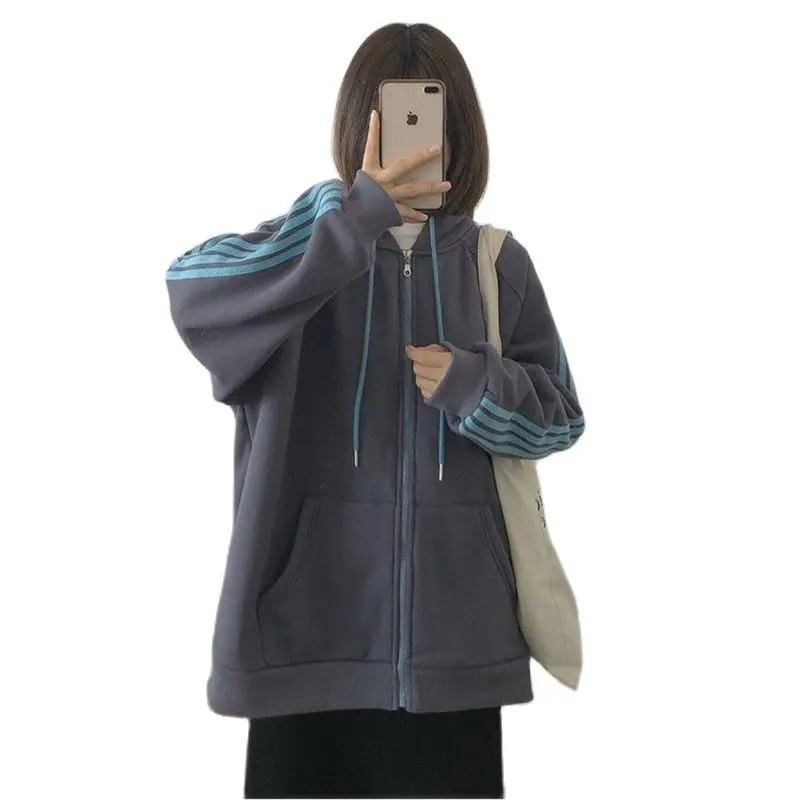 

Japan Lolita Women Hoodies and Sweatshirt Spring Korean Fashion Plus Size Fleece Zipper Hoodie Simple Stripe Woman Streetwear