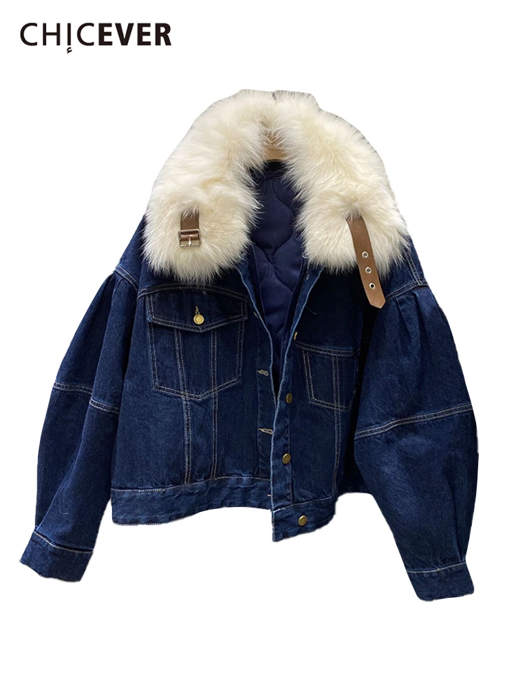 

CHICEVER Casual Thick Cotton Denim Coat For Women Lapel Loose Long Sleeve Single Breasted Coats Female 2021 Winter Clothing New