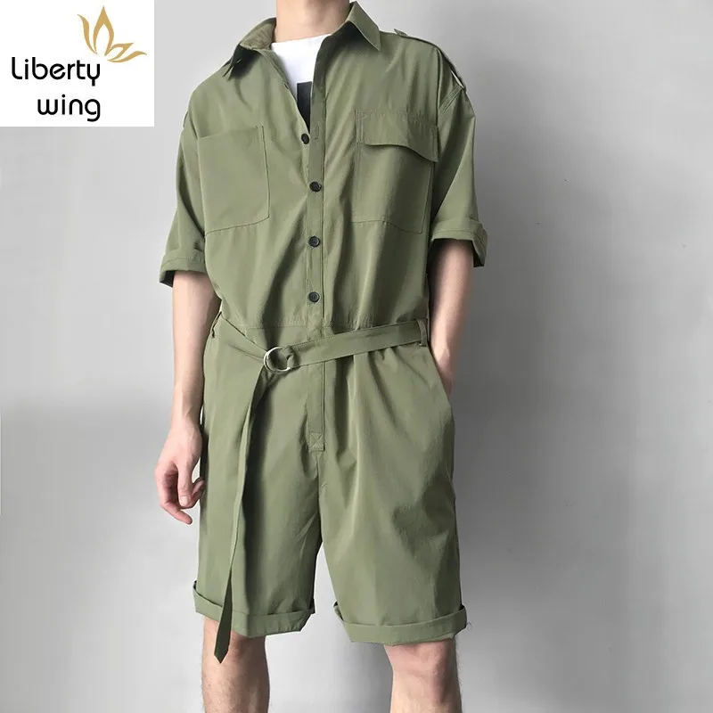 New Arrival Short Sleeve Jumpsuits Vintage Single Breasted Pocket Male Playsuits Casual Loose Fit Overalls For Man