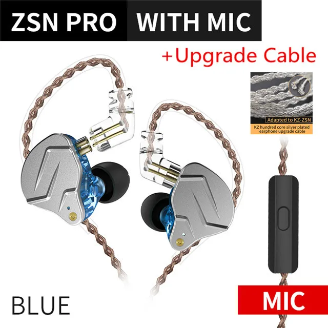 Blue with mic Silver KZ ZSN PRO 1BA+ 1DD гибридная технология Hi-Fi металлические наушники-вкладыши бас-вкладыши спортивные наушники с шумоподавлением ZSN AS10 ZS10 ZST T2 - Цвет: Blue with mic Silver