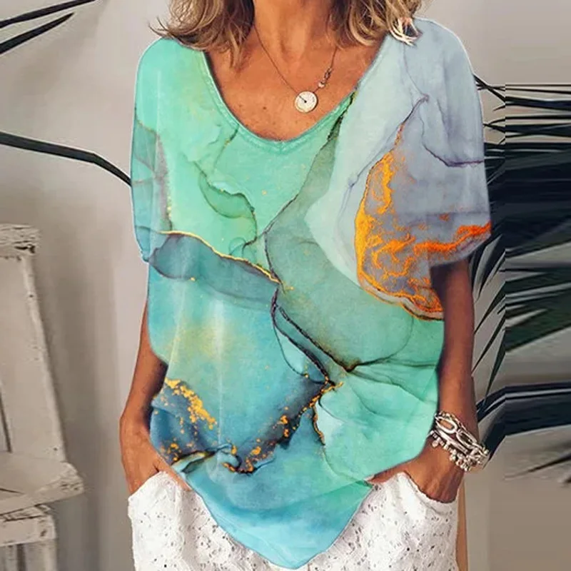 

2XL Retro Pattern Printed Women Tops and Blouses Spring O Neck Loose Casual Shirts Summer Short Sleeve Streetwear Blusa Pullover