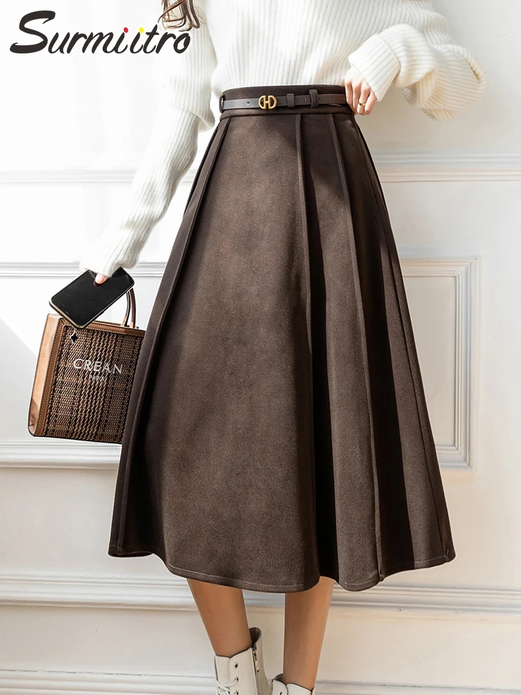 

SURMIITRO 2021 зимняя модная плотная теплая шерстяная Корейская миди длинная Плиссированная юбка женская юбка с высокой талией трапециевидная же...