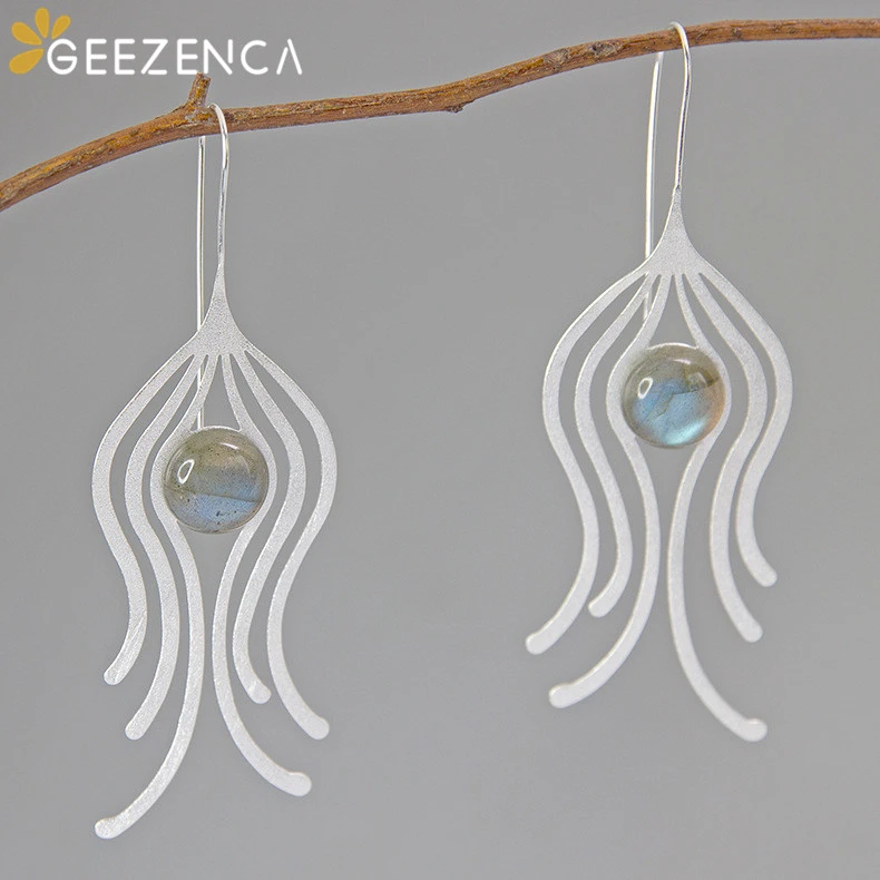 Женские серьги из серебра 925 пробы с павлиньими перьями и лабрадоритом